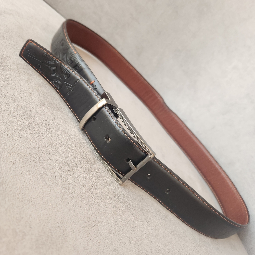Robert Graham belt men's 34 black brown leather reversible dress embossed logo